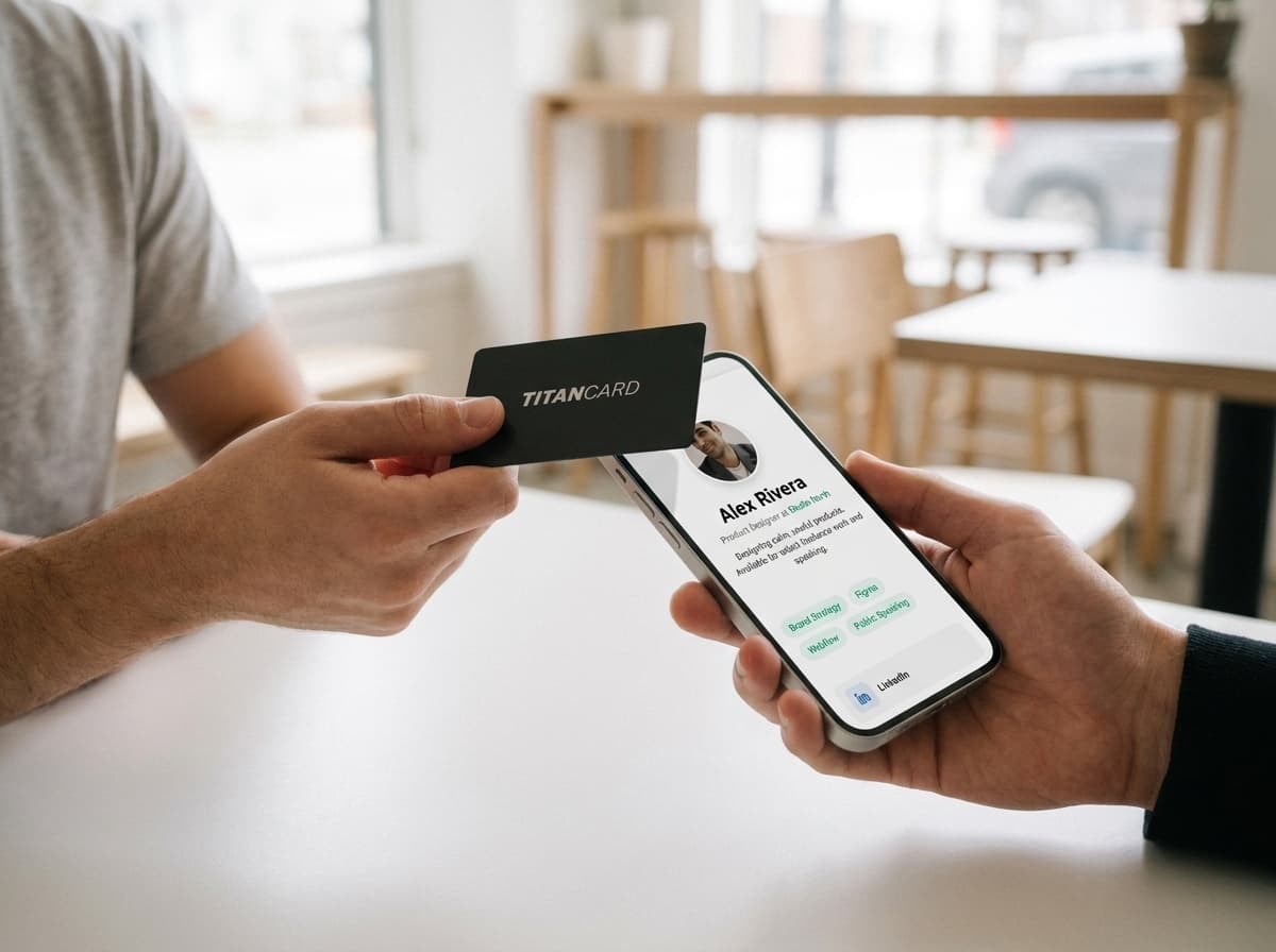 Tapping a Titan NFC card against a phone showing the Titan profile that opens