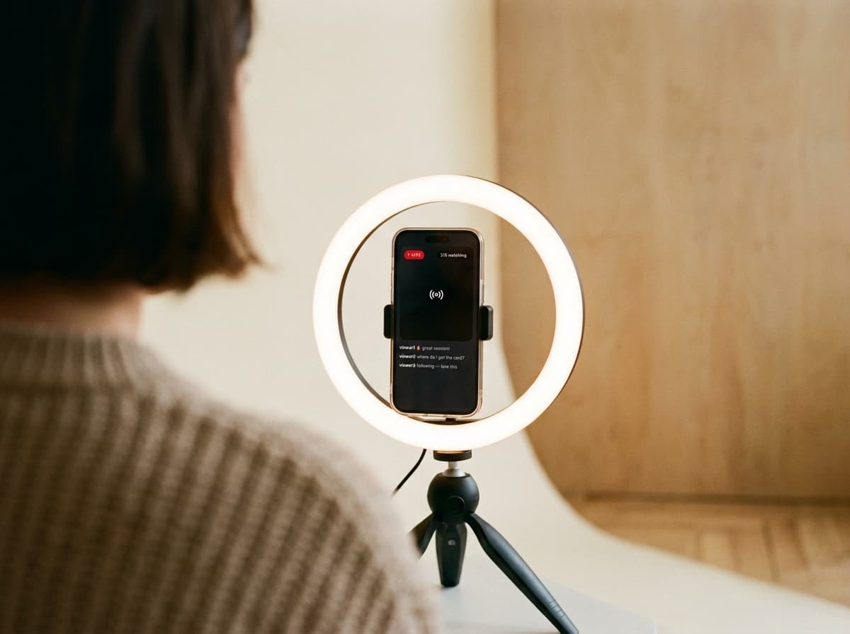 A presenter going live with the Titan streaming screen on a tripod-mounted phone